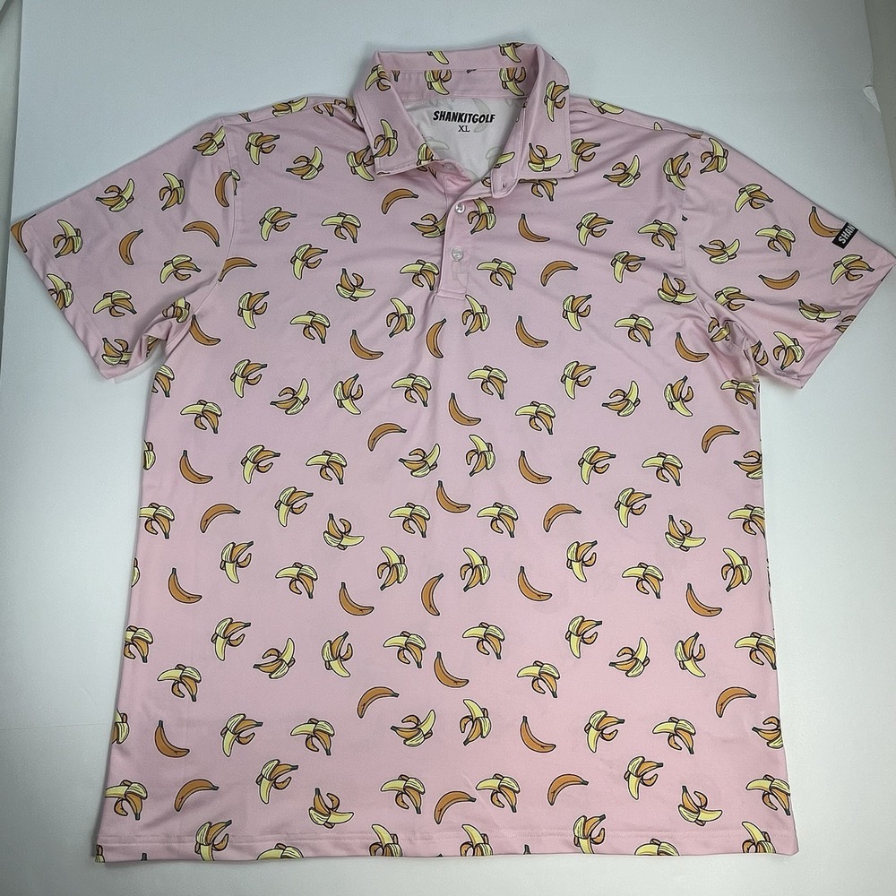 Shank It Golf Polo Mens XL Pink Banana Print Short Sleeve Performance Shirt
